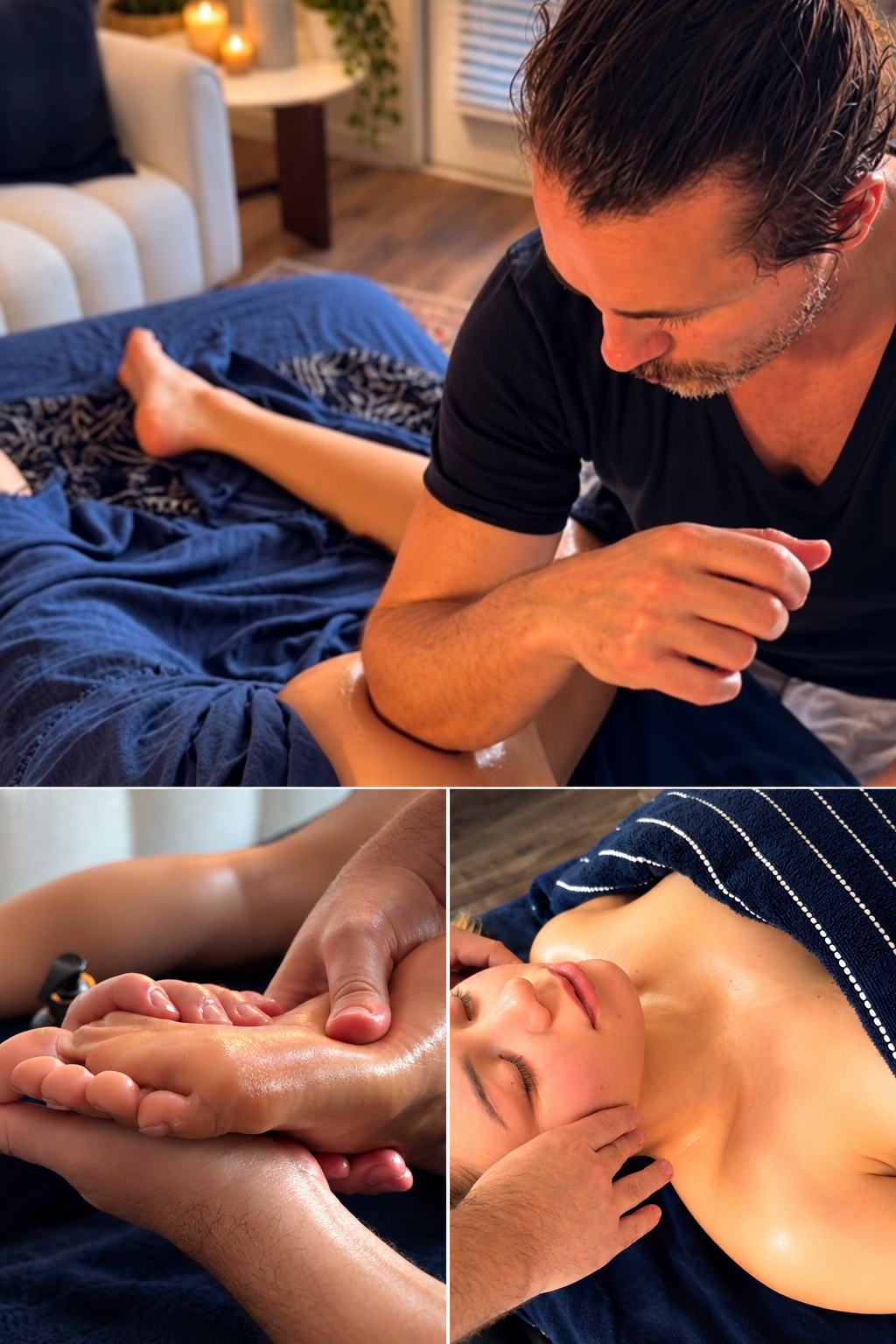 Vince providing massage, foot massage, and head massage in a warm spa setting